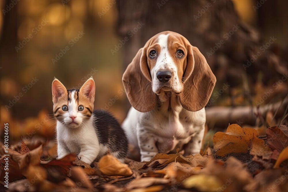 Against an autumn background, a Basset hound and a red kitten. Generative AI