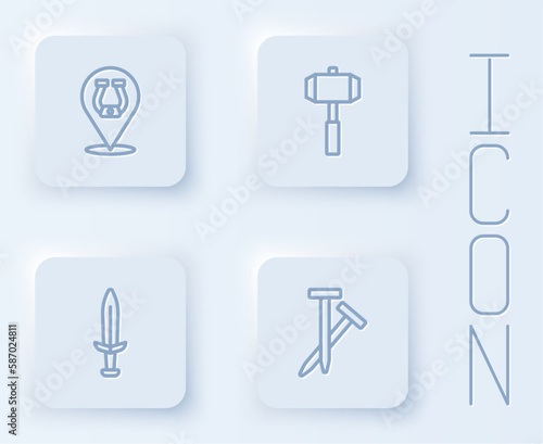 Set line Horseshoe  Sledgehammer  Medieval sword and Metallic nails. White square button. Vector