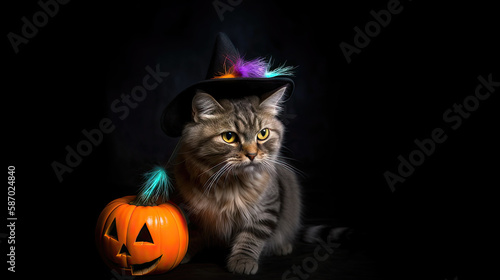 AI generated Beautiful cat in a hat of wizard with pumpkins on a dark background