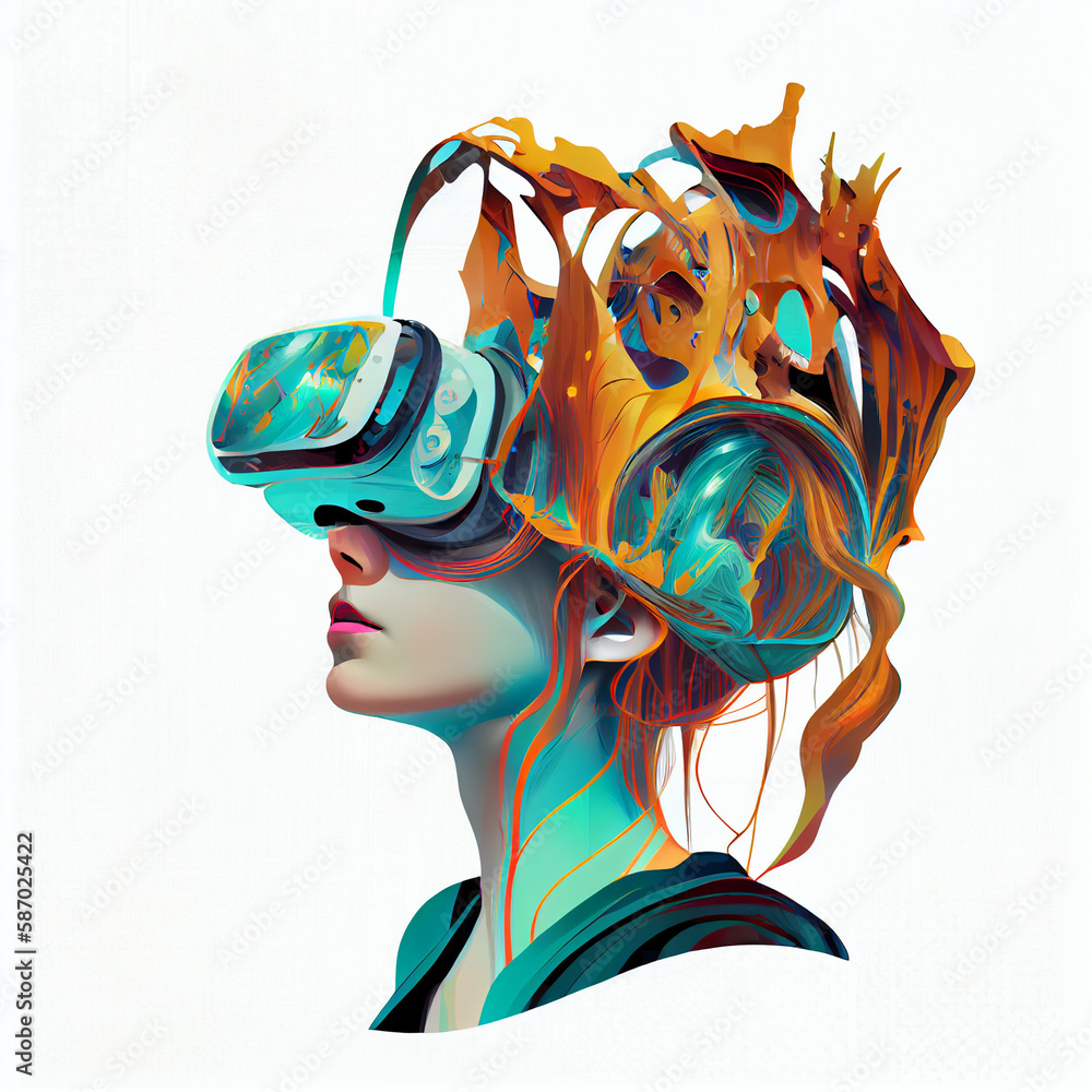 Metaverse digital cyber world technology, woman with glasses and a headset VR connected to the virtual space. low poly lifestyle.