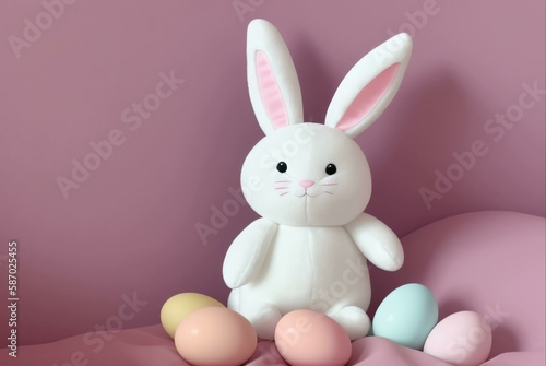 stuffed easter bunny surrounded by colorful eggs