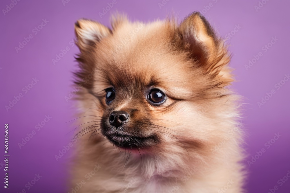Spitz puppy with soft coat against a lilac background. Generative AI