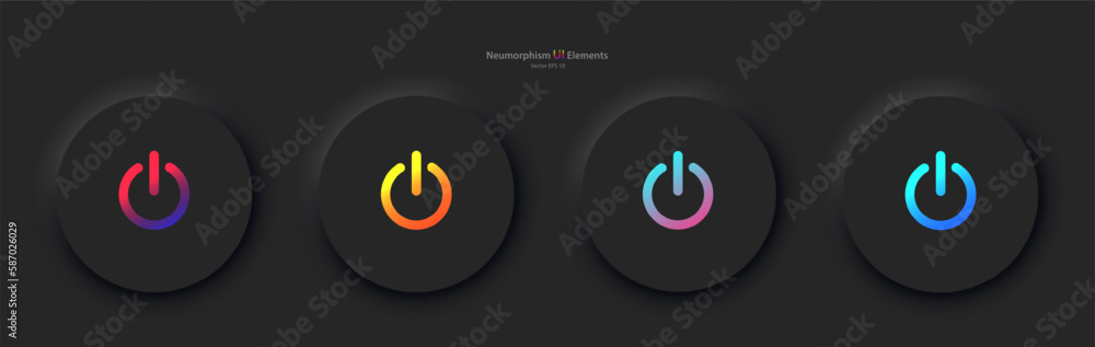 A set of four black round buttons with colored power symbols. User interface elements for mobile devices in the style of neumorphism, UI, UX. Vector EPS 10. - obrazy, fototapety, plakaty 