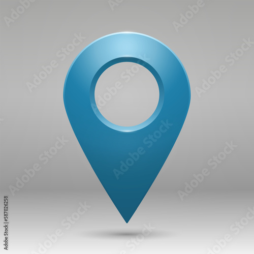 The geolocation icon is blue with highlights on a gray gradient background. Realistic pin code icon of the geolocation map. Vector illustration.