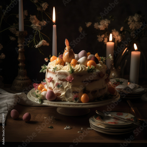 A delightful Easter-themed cake, captured in a stunningly cinematic shot and perfectly illuminated by accent lighting.