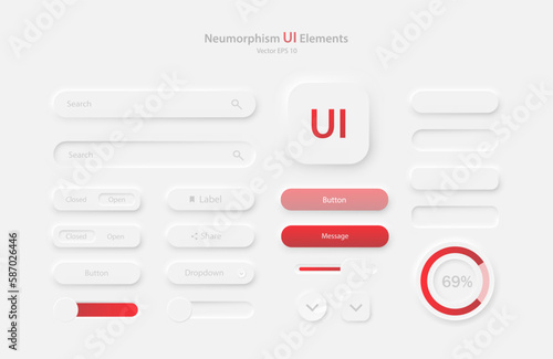 A set of user interface elements for a mobile application in white and red. Buttons for mobile devices in the style of neumorphism, UI, UX. Vector EPS 10.