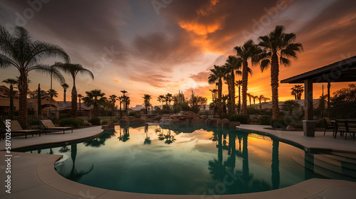 Beautiful poolside and sunset sky with palm trees. Generative Ai