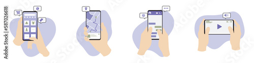 hand holding smartphone flat design icons. online shopping, dropship, navigation, chat, streaming. eps 10