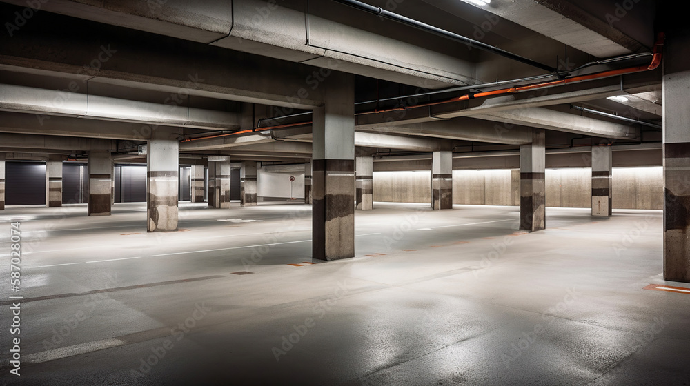 Empty shopping mall underground parking lot or garage interior with concrete stripe painted columns. Generative Ai Empty shopping mall underground parking lot or garage interior with concrete stripe painted columns. Generative Ai