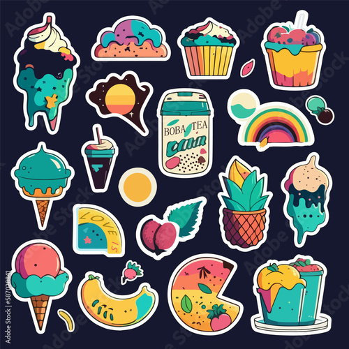 A set of cute sweet kawaii style Stickers with a smiling face and pink cheeks for a cute design. A sticker with such a cute inscription. Ice cream, candy, donut, cap with soda, cupcake. Eps, SVG