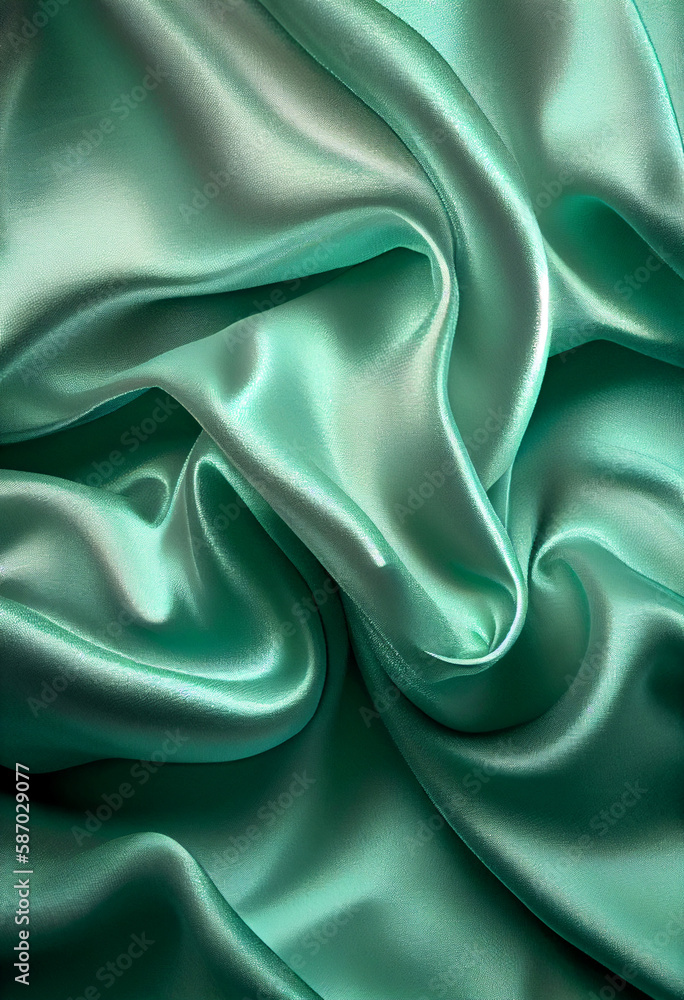 Obraz premium Texture, background, pattern. Texture of green silk fabric. Beautiful emerald green soft silk fabric. AI Generated