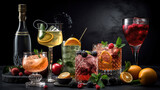 Cocktails assortment served on dark background. Generative Ai