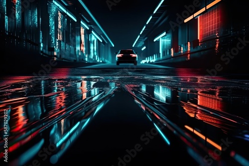 car driving down a busy city street at night with bright lights and tall buildings in the background. Generative AI