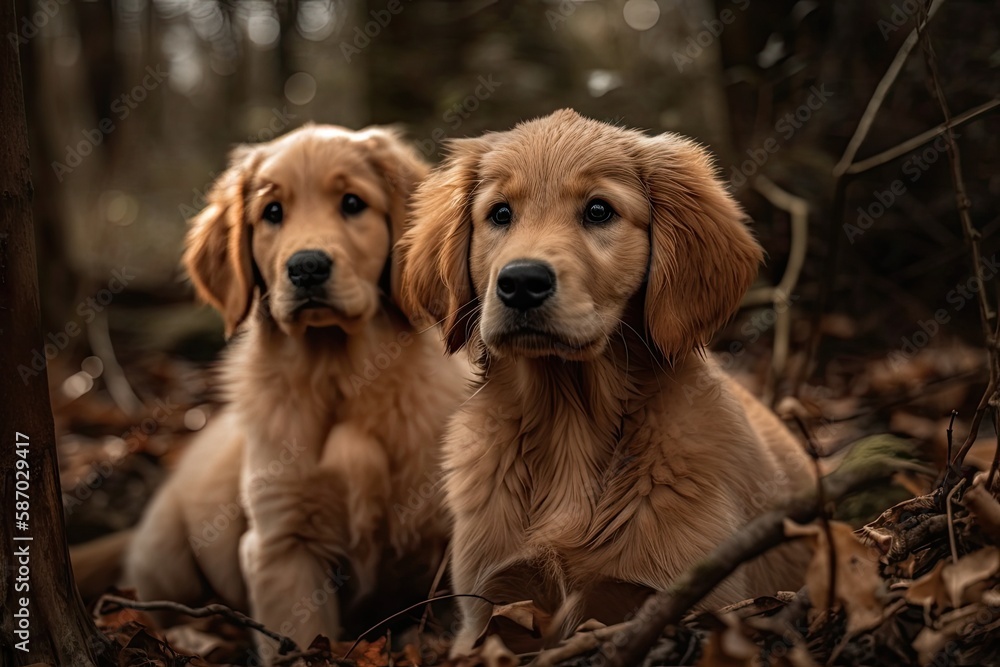 Pictures of golden retrievers as puppies. Generative AI