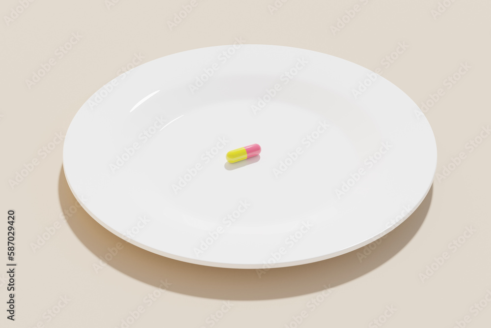 Single pill on a white plate, 3d rendering. Nutritional supplement, taking medication, healthcare and wellbeing concept Single pill on a white plate, 3d rendering. Nutritional supplement, taking medication, healthcare and wellbeing concept