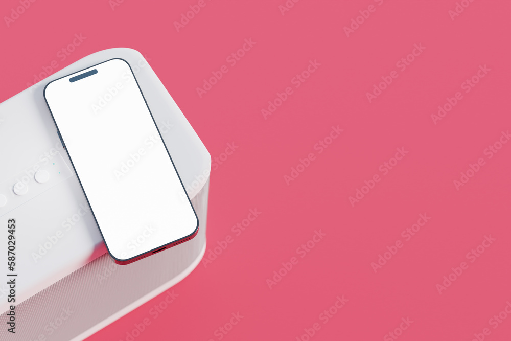 Modern generic smartphone on a smart wireless speaker, 3d rendering. Portable audio device paired to a phone, modern music streaming Modern generic smartphone on a smart wireless speaker, 3d rendering. Portable audio device paired to a phone, modern music streaming