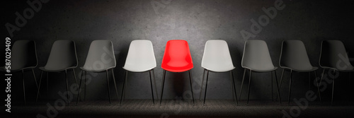 Brightly lit red chair in a row of white chairs in a dark room concept standing out and being different 3d render