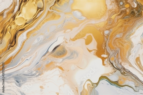 Abstract background. Liquid paint, fluid art style. White and gold colors. AI generative.