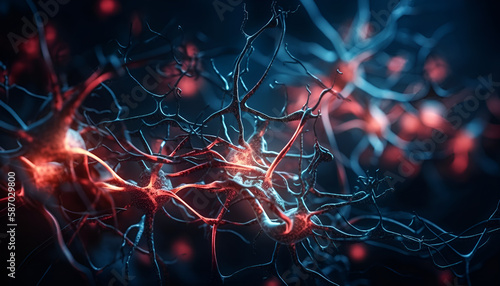 Conceptual illustration of neuron cells with glowing link knots. Blue red Neurons in brain on with focus effect. Synapse and Neuron cells sending electrical chemical signals. generative ai