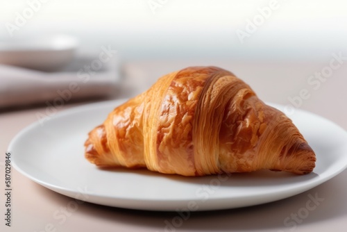 One hot homemade croissant on a white saucer.