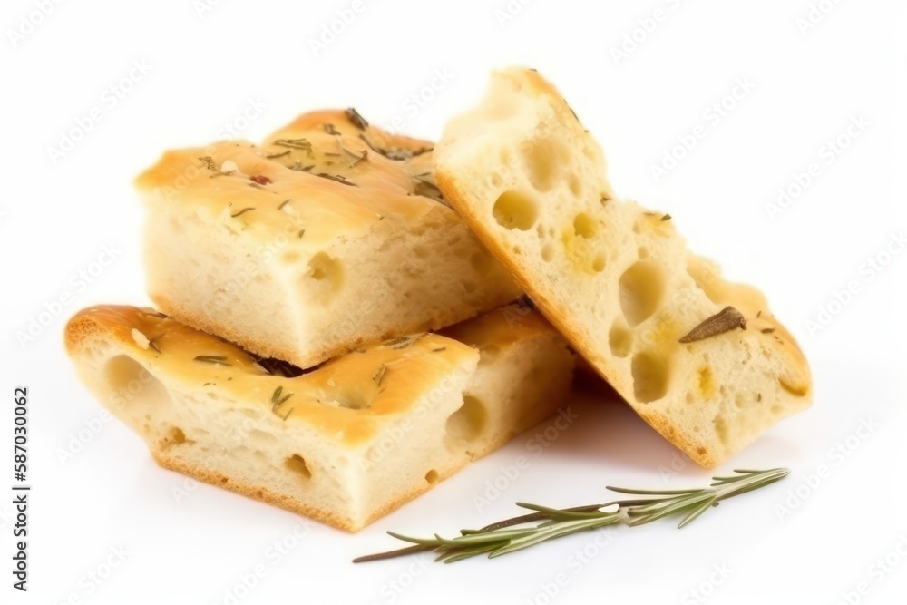 Sliced roman focaccia isolated on white background