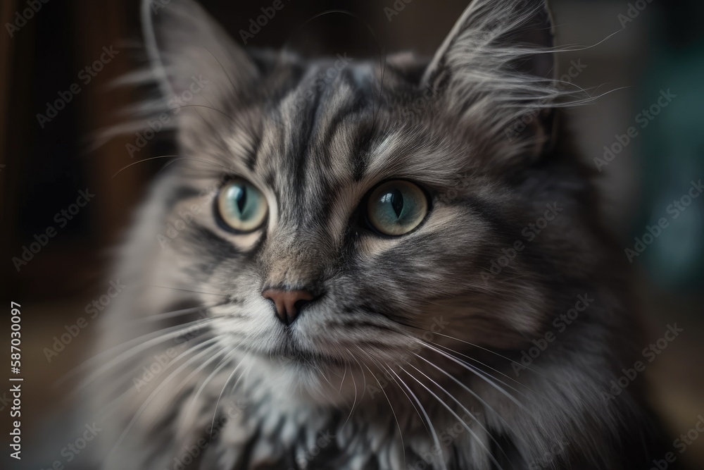 domestic cat in gray living in apartment. Generative AI