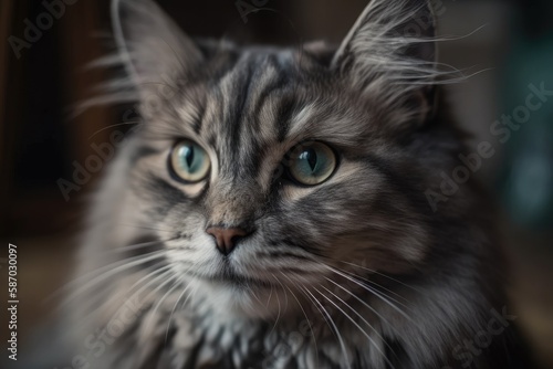 domestic cat in gray living in apartment. Generative AI © AkuAku