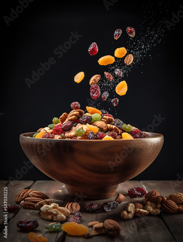 Flying dried fruits and nuts. The mix of nuts and raisins in a wooden bowl. Generative Ai