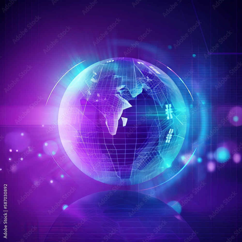 Blue purple vector background. Bitcoin and blockchain. Electronic cryptocurrency. Internet banking and financial communications. The World Wide Web. Hologram with word globe. generative ai Blue purple vector background. Bitcoin and blockchain. Electronic cryptocurrency. Internet banking and financial communications. The World Wide Web. Hologram with word globe. generative ai
