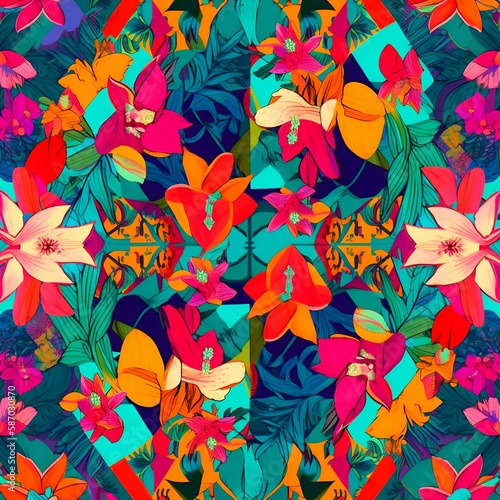 A modern and vibrant tropical floral pattern. Generative AI