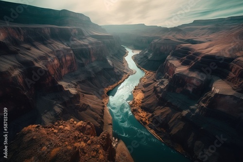  a river running through a canyon surrounded by mountains and cliffs under a cloudy sky with a few clouds in the sky over the river is a canyon.  generative ai