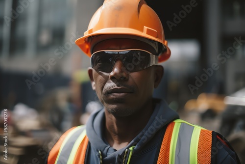 Portrait of a Construction worker in hard hat in a construction site. Generative AI