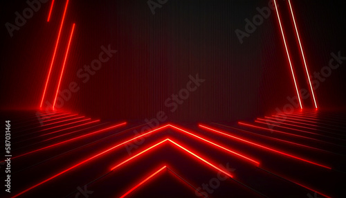 abstract geometric background with red neon light. Empty room with laser linear shape glowing in the dark. 