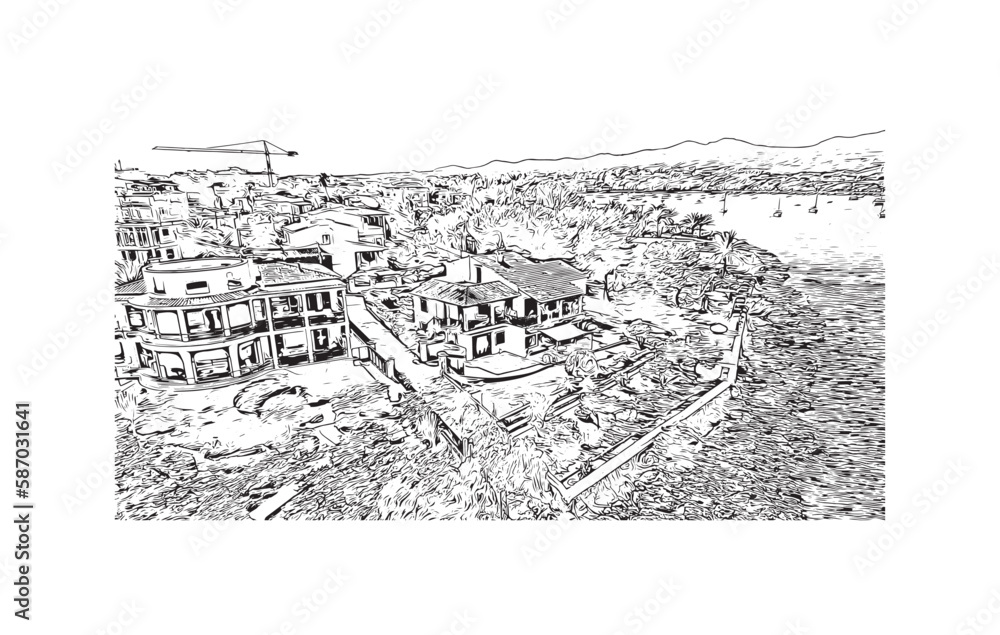 Building view with landmark of Porto Colom is a smallish town in Mallorca. Hand drawn sketch illustration in vector.