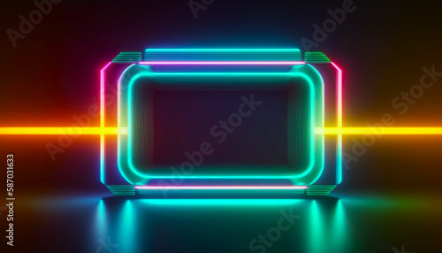 Square rectangle picture frame with neon color on isolated black background. Pink green. Banner. Empty copy space middle. Generative AI