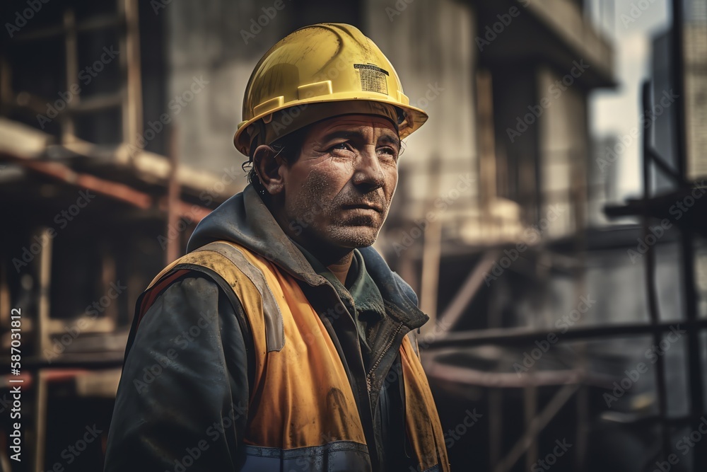 Portrait of a Construction worker in hard hat in a construction site. Generative AI Portrait of a Construction worker in hard hat in a construction site. Generative AI