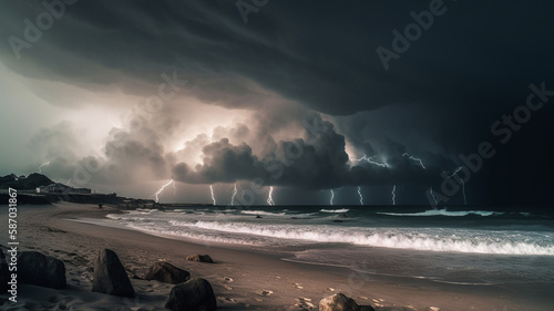 Multiple lightning strikes in the ocean created with Generative AI photo