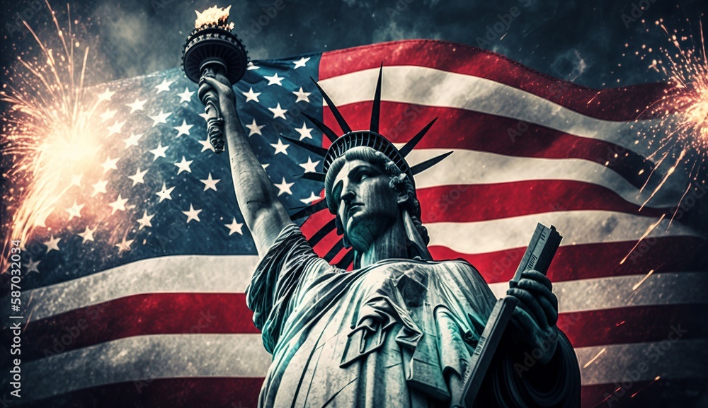 USA 4th of july - Illustration of statue of liberty and usa flag, Generative ai - obrazy, fototapety, plakaty 