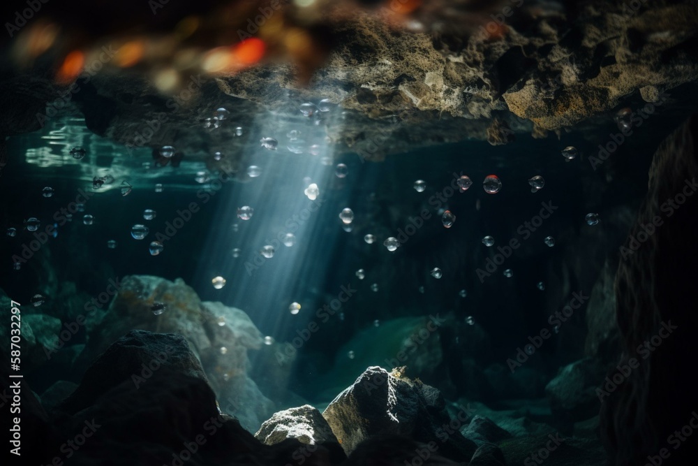 Obraz premium Underwater caves and caverns, bokeh Generative AI