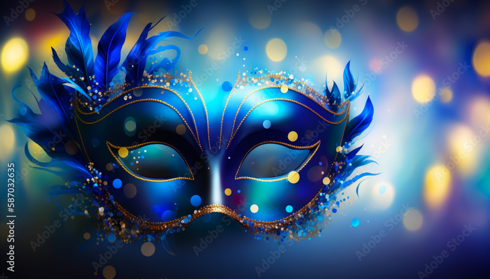 Venetian blue carnival mask and shiny glitter decoration. Mardi gras background. Generative AI
