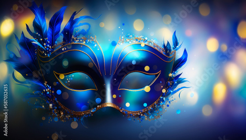 Venetian blue carnival mask and shiny glitter decoration. Mardi gras background. Generative AI 