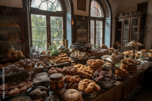 bakery shop inside view with a wide selection of baked goods