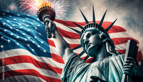 USA 4th of july - Illustration of statue of liberty and usa flag, Generative ai © Deep Ai Generation