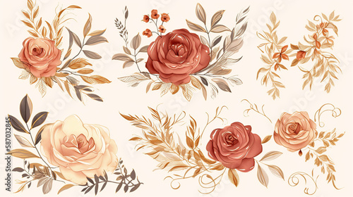 Set of watercolor floral arrangements of brown and peach roses and leaves. Botanic decoration illustration for wedding card  fabric  and logo composition Generative Ai