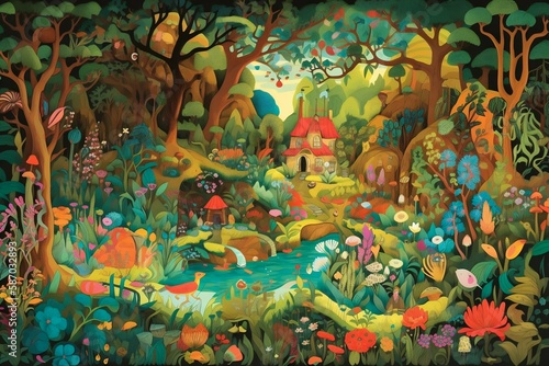Whimsical illustration of a magical forest  filled with vibrant colors and fantastical creatures. Generative AI