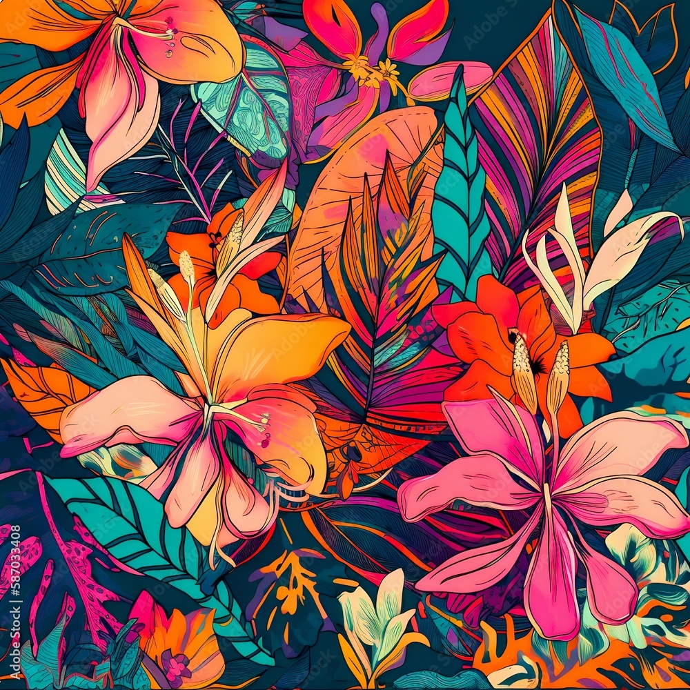 A modern and vibrant tropical floral pattern. Generative AI A modern and vibrant tropical floral pattern. Generative AI