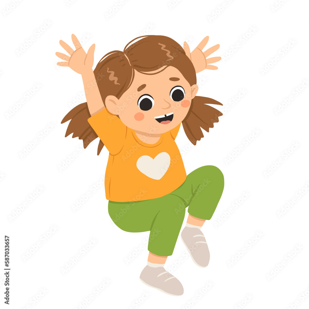 Cartoon happy girl jumping and smiling. Cute vector illustration isolated on white background.