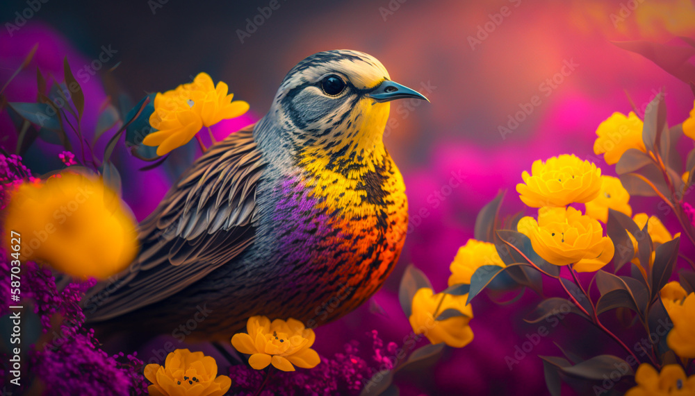 Beautiful small bird on garden background with colorful flowers, close up. Nature, wallpaper, screensaver. Generative AI Beautiful small bird on garden background with colorful flowers, close up. Nature, wallpaper, screensaver. Generative AI