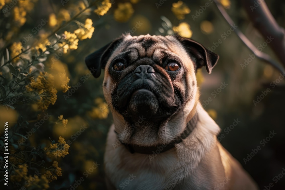 In the summer, a pug dog makes a funny face against a hazy tree. Generative AI