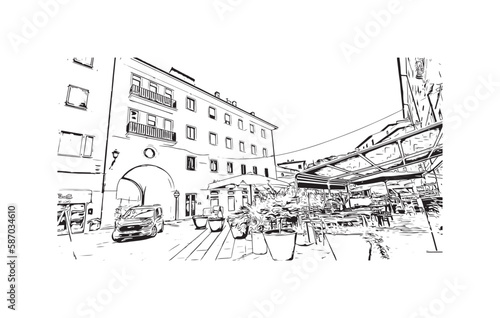 Building view with landmark of Porto ferraio is the town in Italy. Hand drawn sketch illustration in vector.